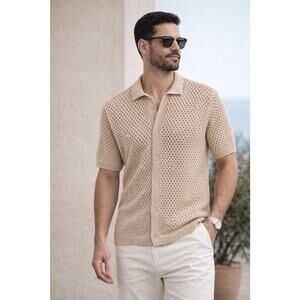 Men’s Knit Polo Shirt Small Sandstone NWT Tan Open Weave Button Coastal Resort